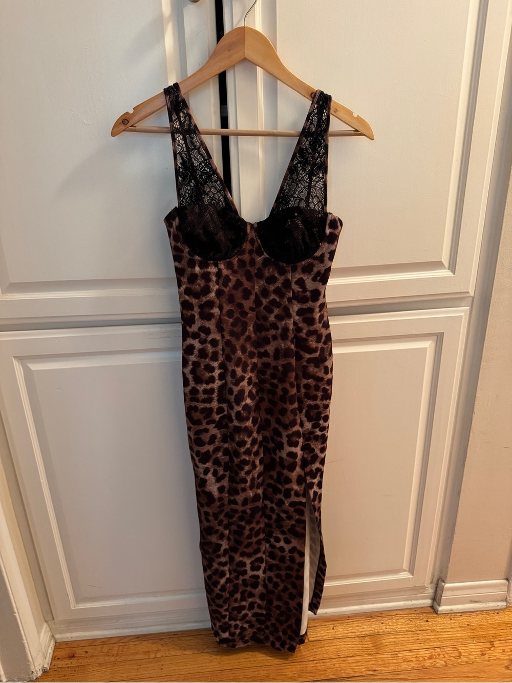 Zara Brown Leopard-Print Lace-Trim Slip Dress